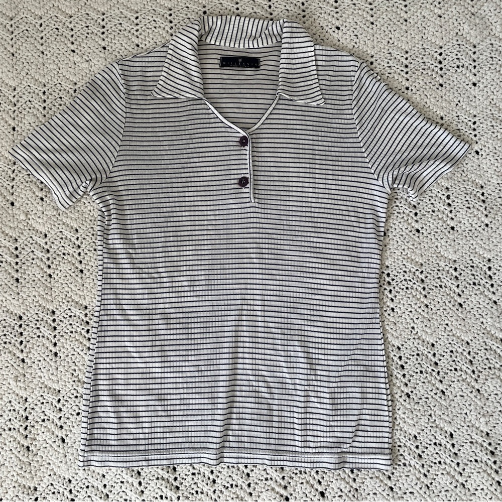 Terzo Millennio Striped Collared Henley Short Sleeve Shirt White/Black (Small)